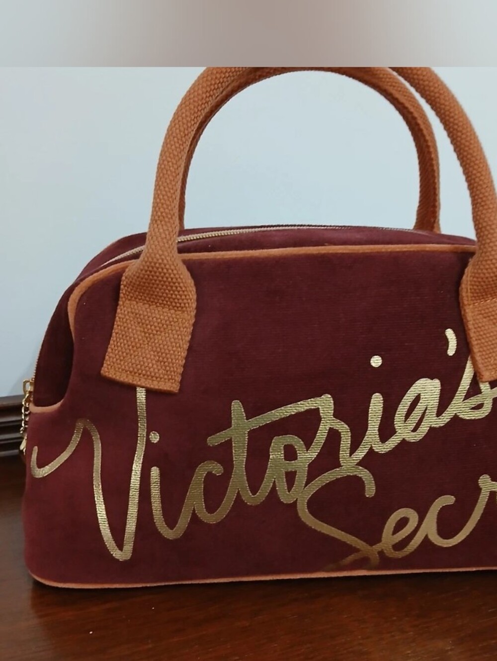 Victoria Secret Gold Plum Burgundy Spell-Out Velvet Duffle Purse Heart Charm Y2K